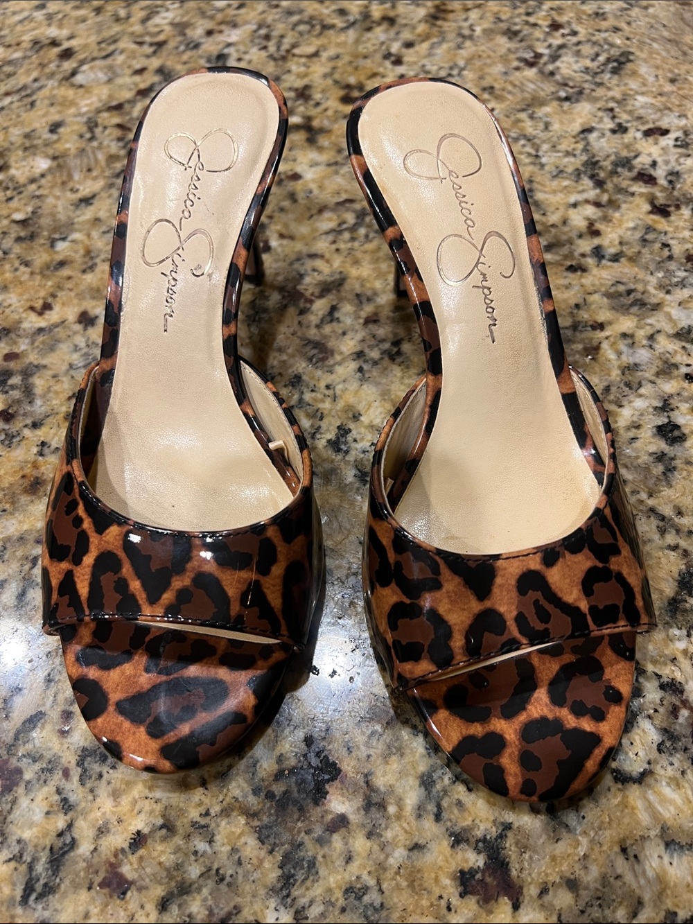 Jessica Simpson Leopard Print Patent Slide Mules - Brown & Black